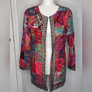 Bohemian Patchwork Open-Front Jacket - Size Large - Bold Multi-Color Print